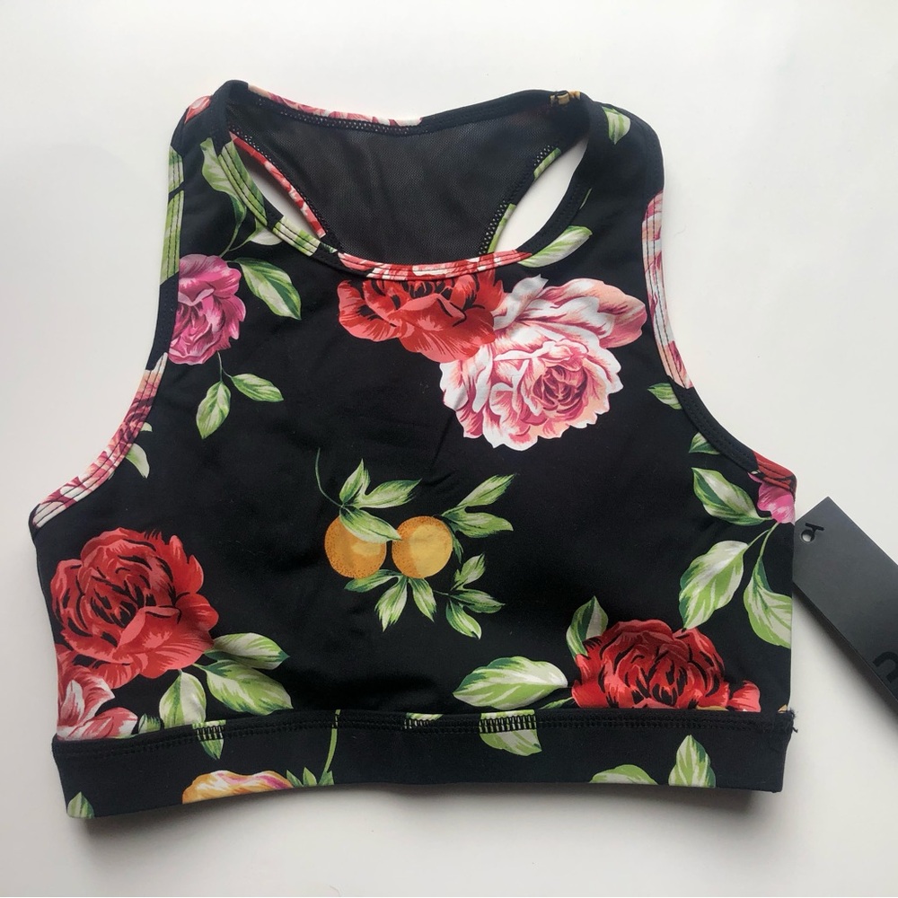 Floral & Citrus Black Sports Bra Activewear Size S